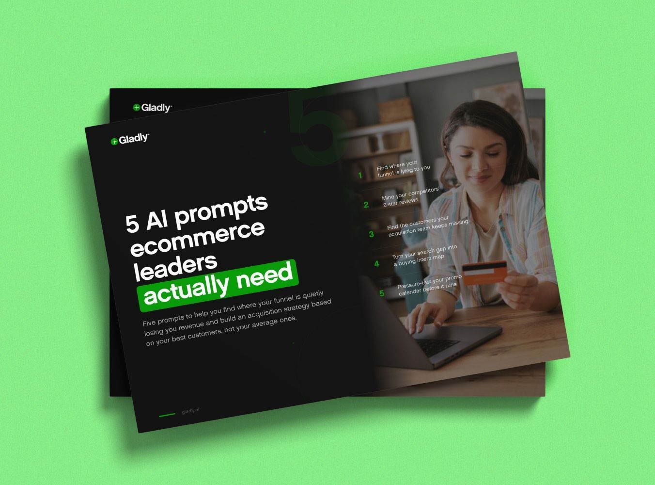 Cover of the Gladly guide "5 AI prompts ecommerce leaders actually need," showing the five prompts beside a person shopping online with a credit card.