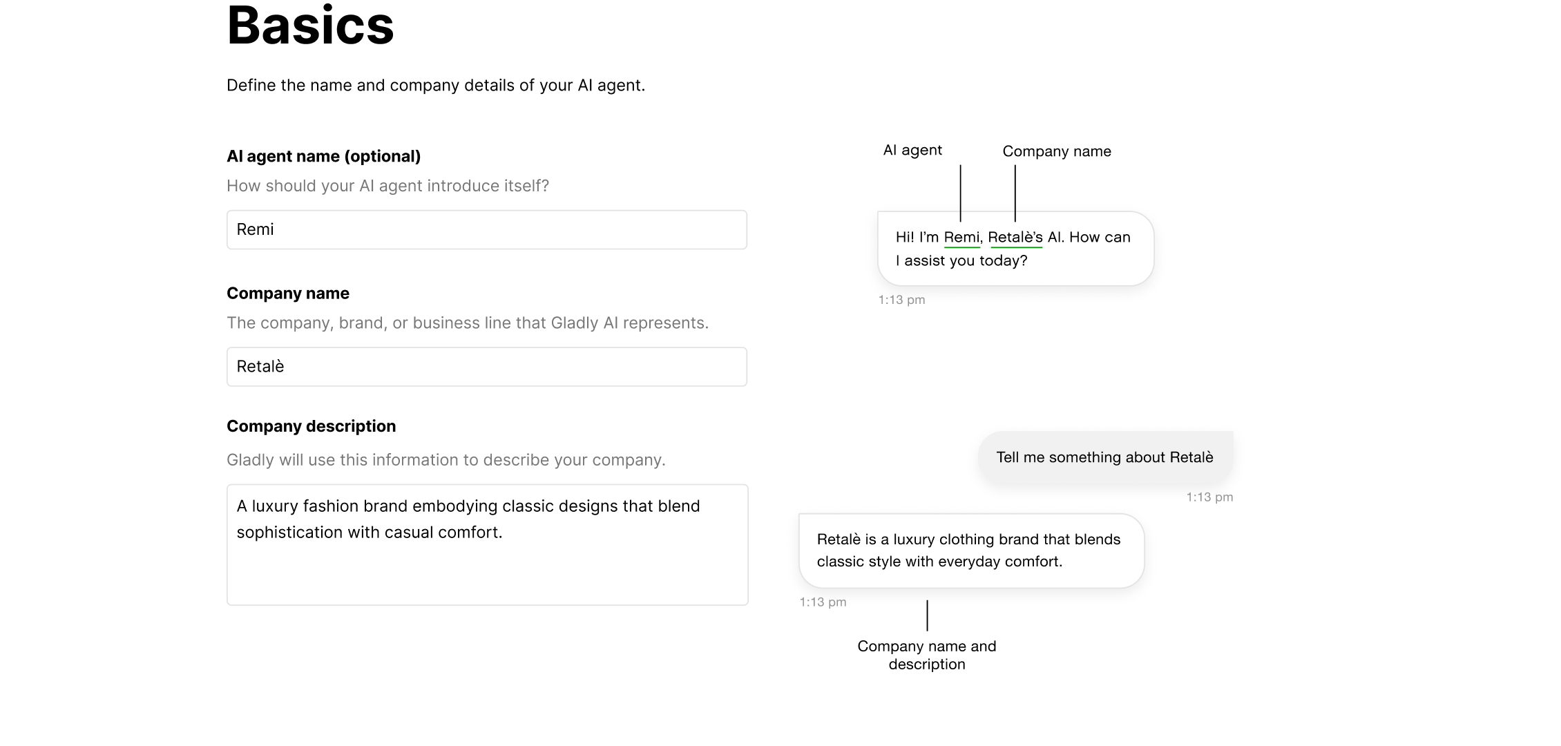 The image shows a digital form titled "Basics" for defining a company's AI sidekick. Fields include "Sidekick name" with "Remi," "Company name" with "Retaile," and a "Company description" detailing a luxury fashion brand blending classic design with comfort. To the right, a sample interaction showcases the sidekick introducing itself and describing the company in brief messages.