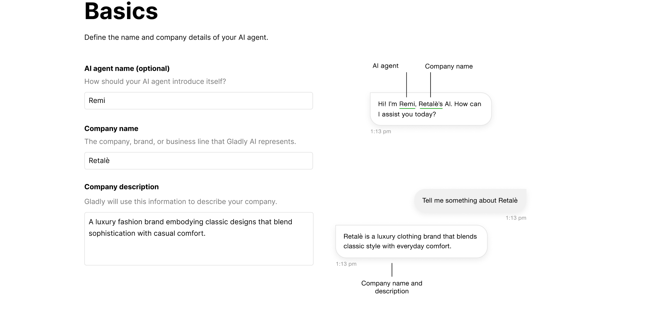 The image shows a digital form titled "Basics" for defining a company's AI sidekick. Fields include "Sidekick name" with "Remi," "Company name" with "Retaile," and a "Company description" detailing a luxury fashion brand blending classic design with comfort. To the right, a sample interaction showcases the sidekick introducing itself and describing the company in brief messages.