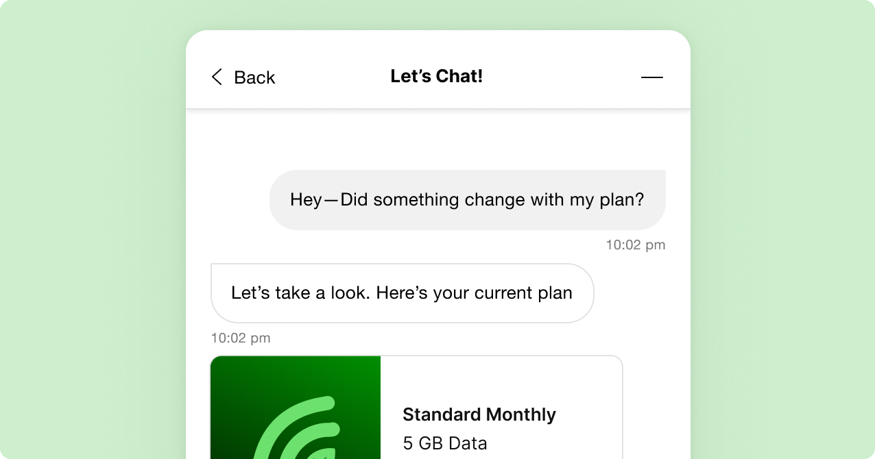 Chat interface on a light green background. A user inquires about a change in their plan, and a response confirming their current "Standard Monthly" 5 GB data plan.