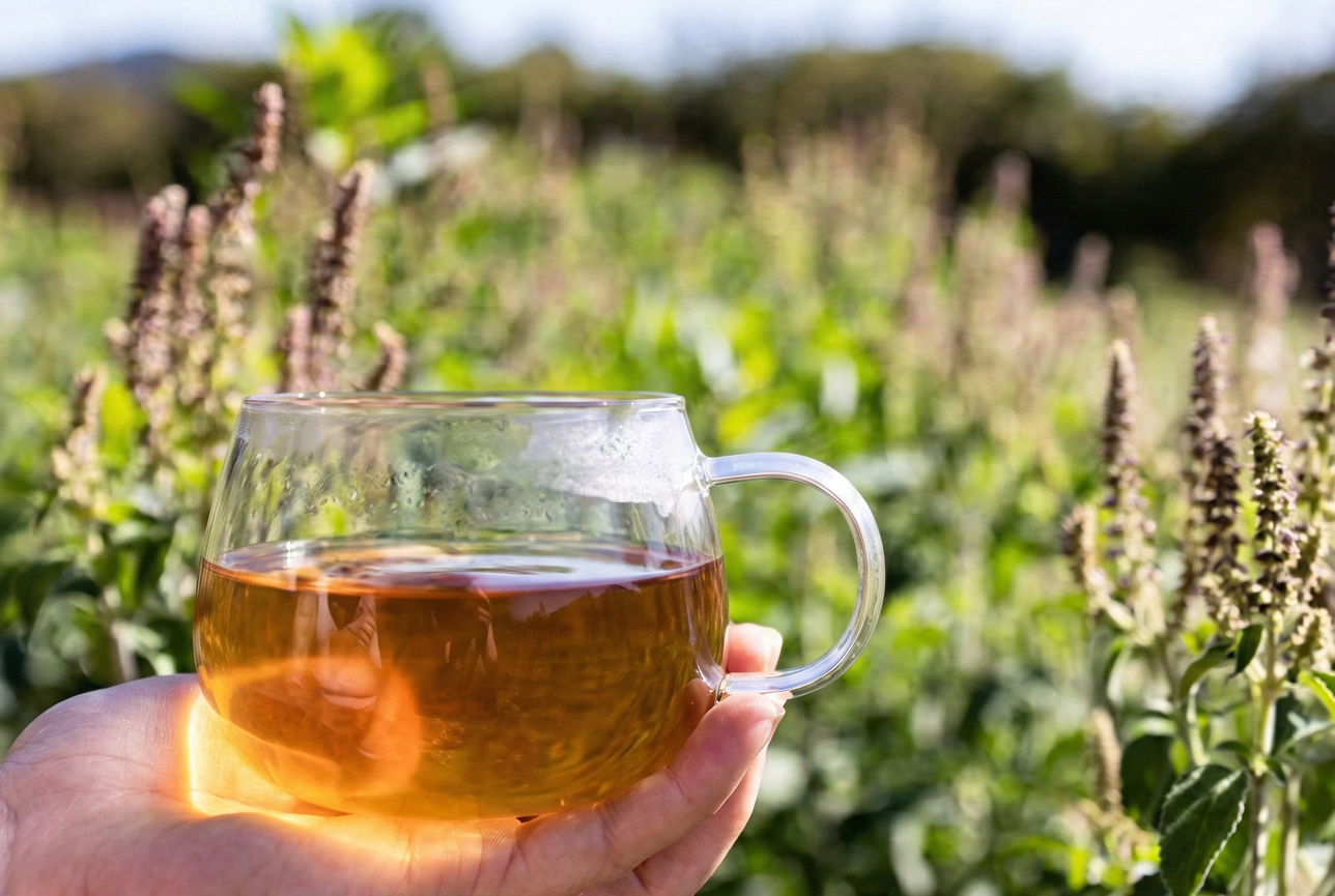 A hand holds a glass cup of herbal tea in a sunlit garden, surrounded by lush green plants and purple flowers, creating a serene, refreshing mood.