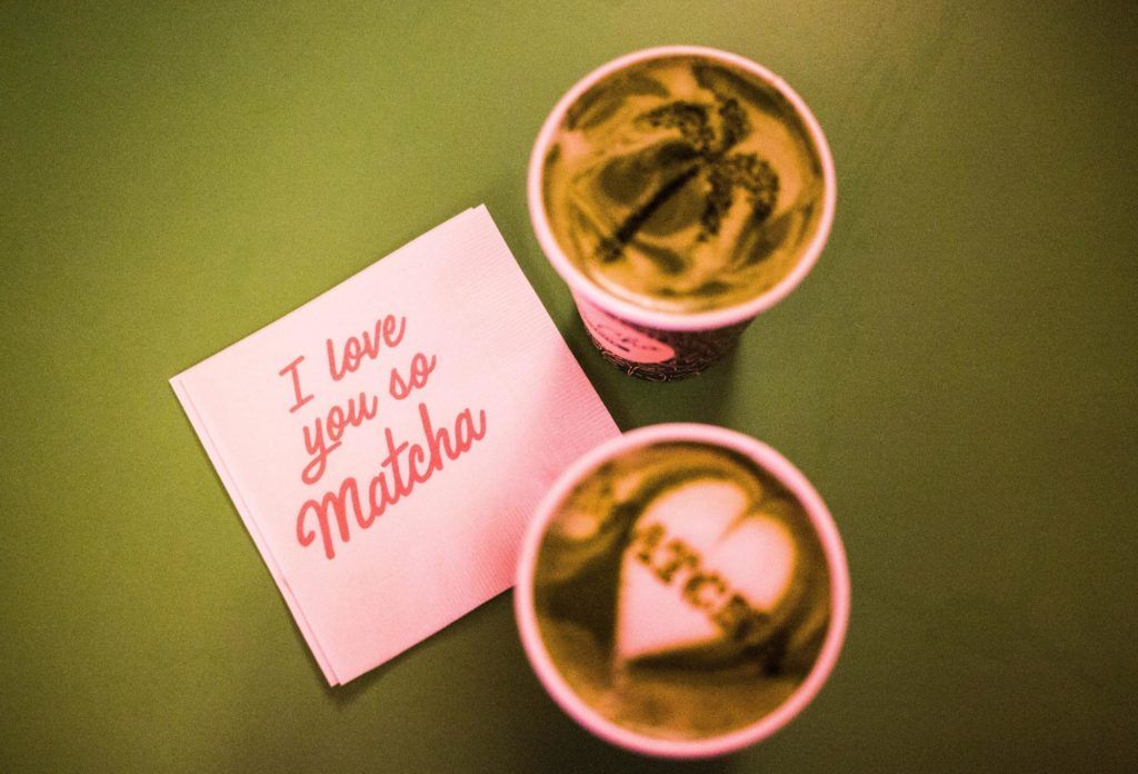Two decorative lattes next to a note that says "I love you so Matcha"