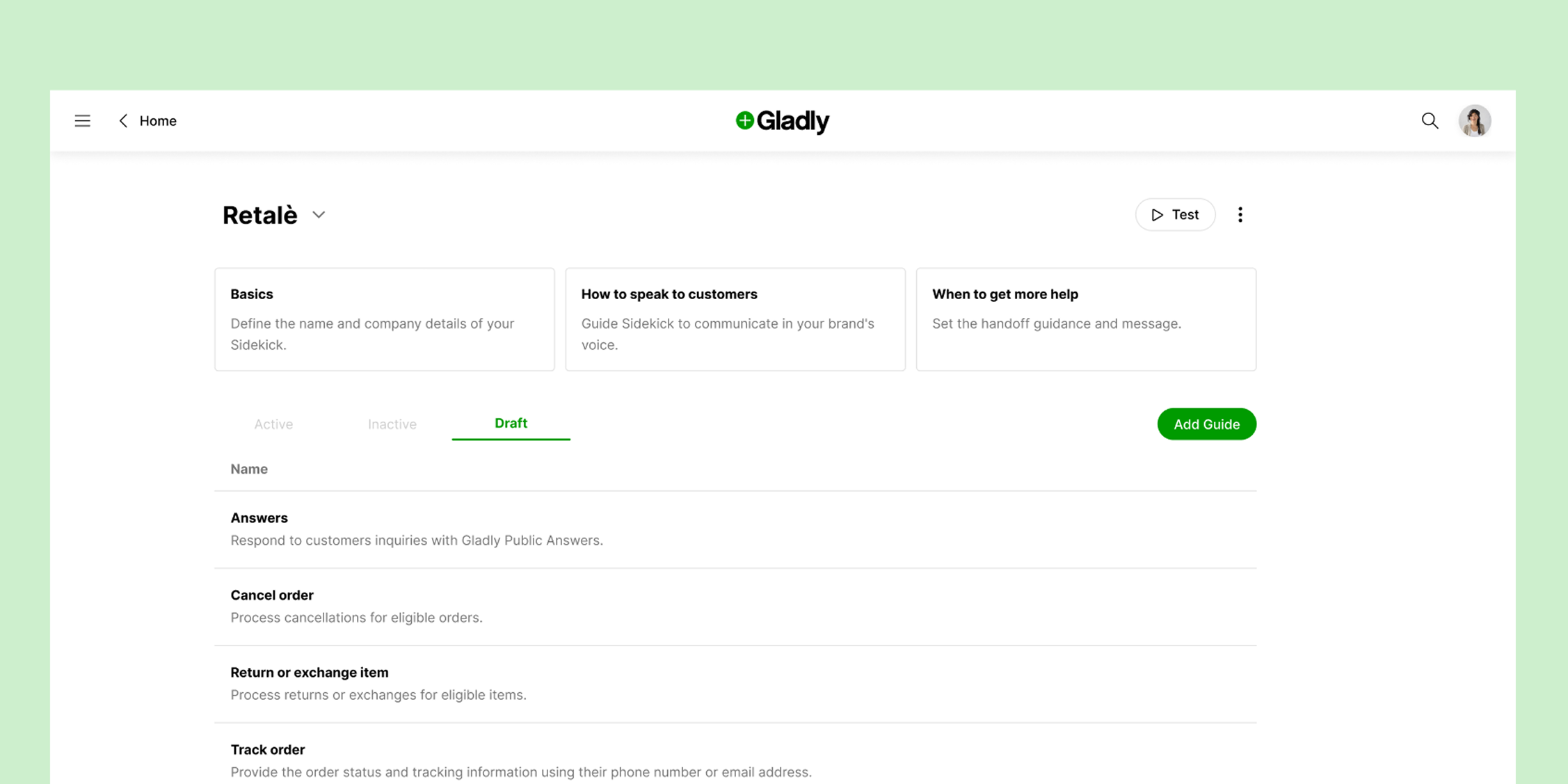 Website interface for a customer service platform called Gladly, featuring sections for Basics, Customer Communication, and Help. The design is clean and minimalistic, with a focus on managing retail tasks such as answering inquiries, canceling orders, and tracking exchanges. The tone is professional and user-friendly, with an 'Add Guide' button prominently displayed.
