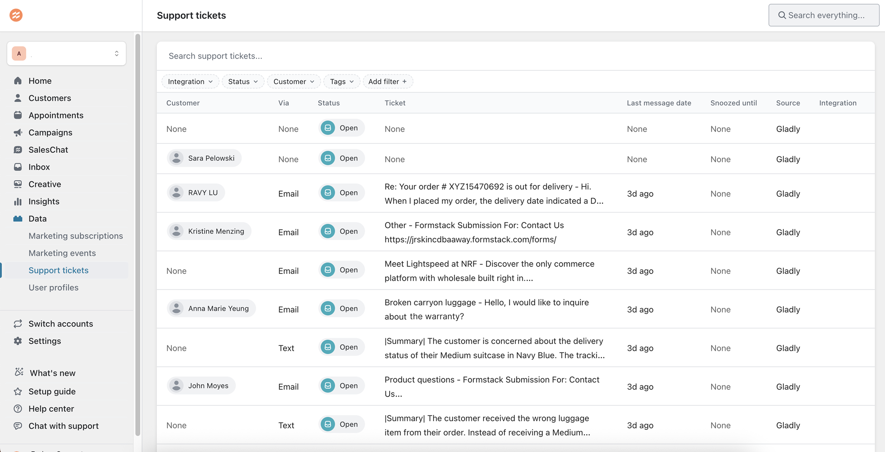 Screenshot of a support tickets dashboard showing a list of open customer inquiries. The left sidebar displays navigation options like Home, Customers, and Insights. The main panel lists tickets with columns for Customer, Status, and Ticket details. Each entry has the ticket’s summary, status icon, and last message date, emphasizing organized customer support management.