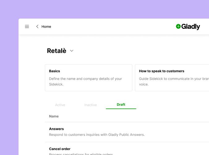 Interface screenshot with a purple background showing the "Retalè" section. Tabs include "Basics," "How to speak to customers," with a "Draft" tab active. Options for customer interactions like "Answers," "Cancel order," and "Return or exchange item." The tone is professional and functional.