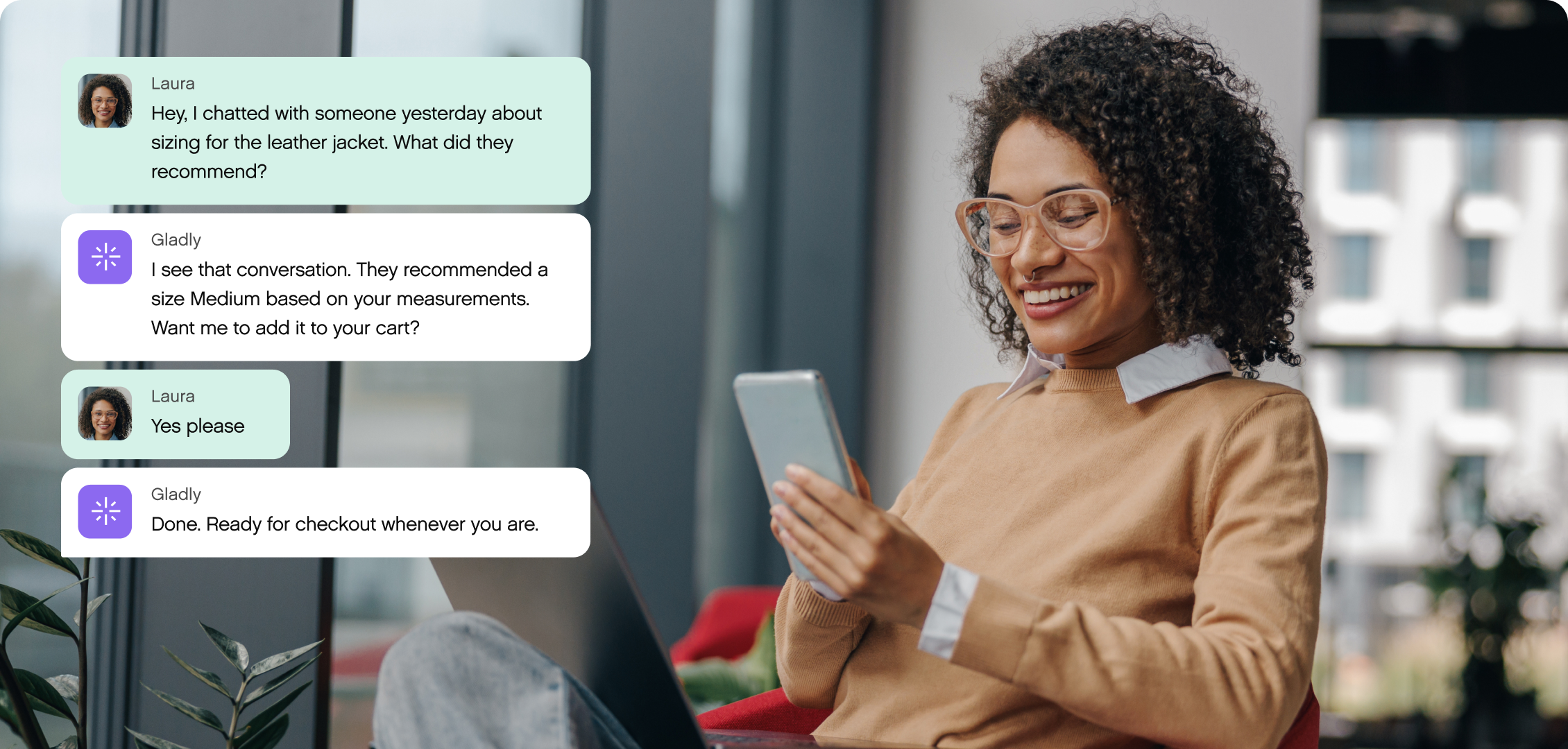 A woman smiles while looking at her phone. On the screen, a chat with a digital assistant discusses leather jacket sizing and purchase readiness.