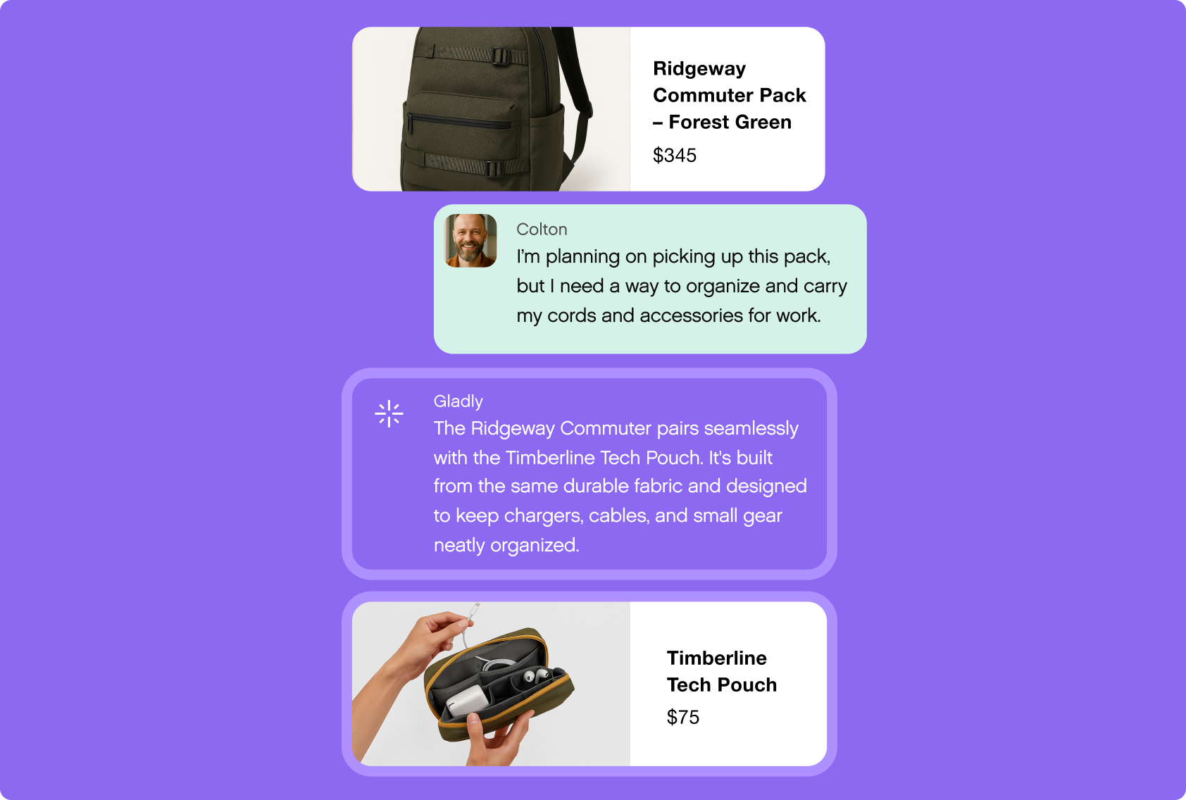 Purple background with a photo of a green backpack labeled 'Ridgeway Commuter Pack' for $345. Below, a message from Colton mentions needing to organize cords. A description highlights pairing with the 'Timberline Tech Pouch,' priced at $75, with a photo of the pouch holding cables