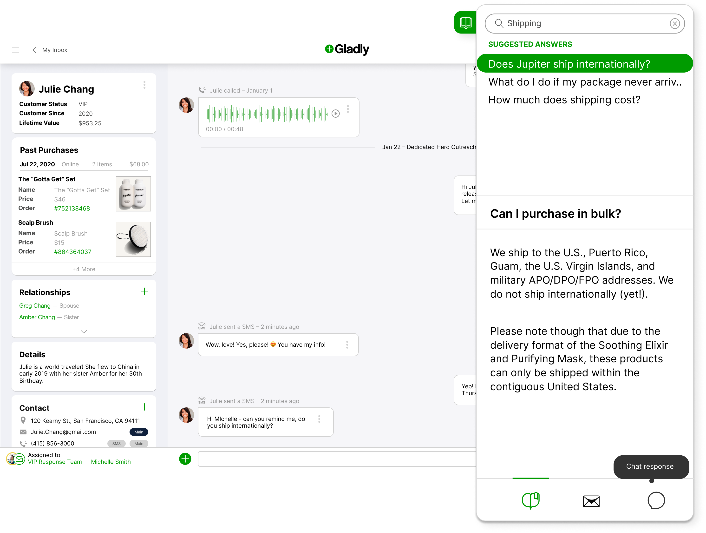 Image of Gladly's platform with Knowledge Base FAQ about Jupiter Product Image