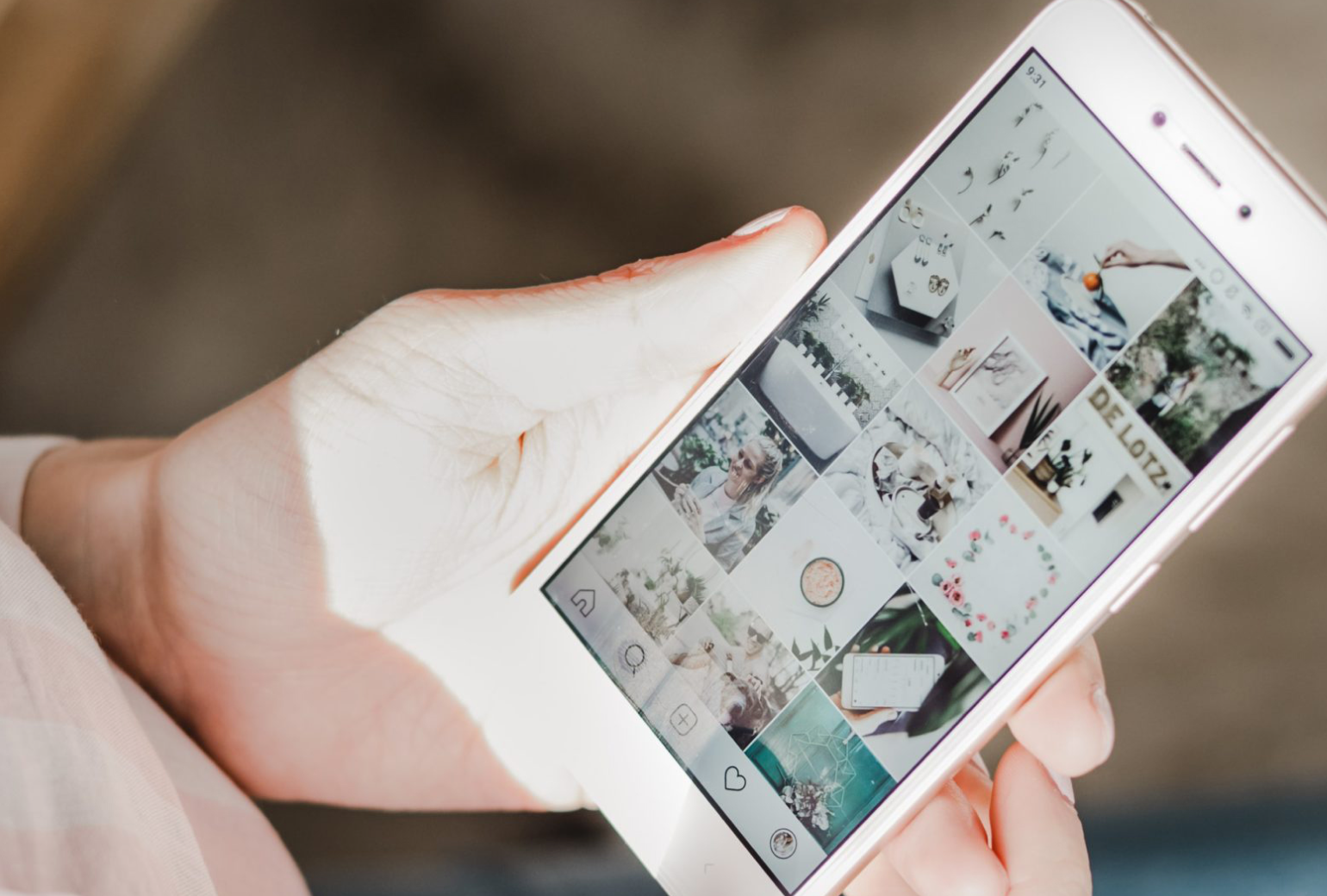 Hand holding a smartphone displaying pictures