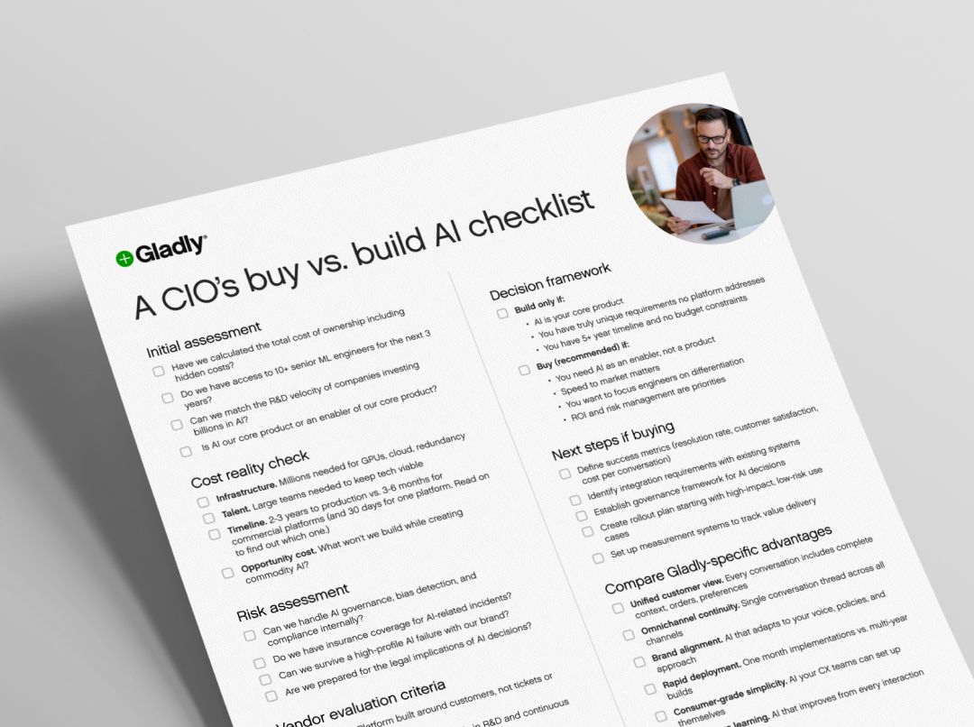 A checklist titled "A CIO’s Buy vs. Build AI Checklist" with sections on assessment, cost, risk, and decision-making. A man in a circle inset shows him reading, suggesting thoughtful consideration.