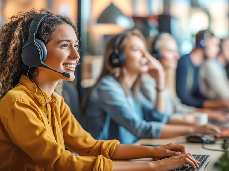 Customer service agent in a yellow shirt smiling while wearing a headset at her desk, with colleagues working at computers in the background.