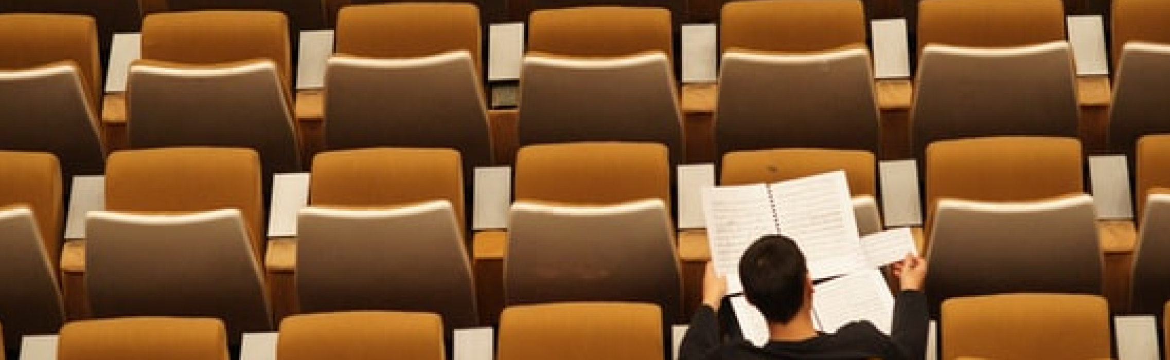 One person seated in a class hall studying
