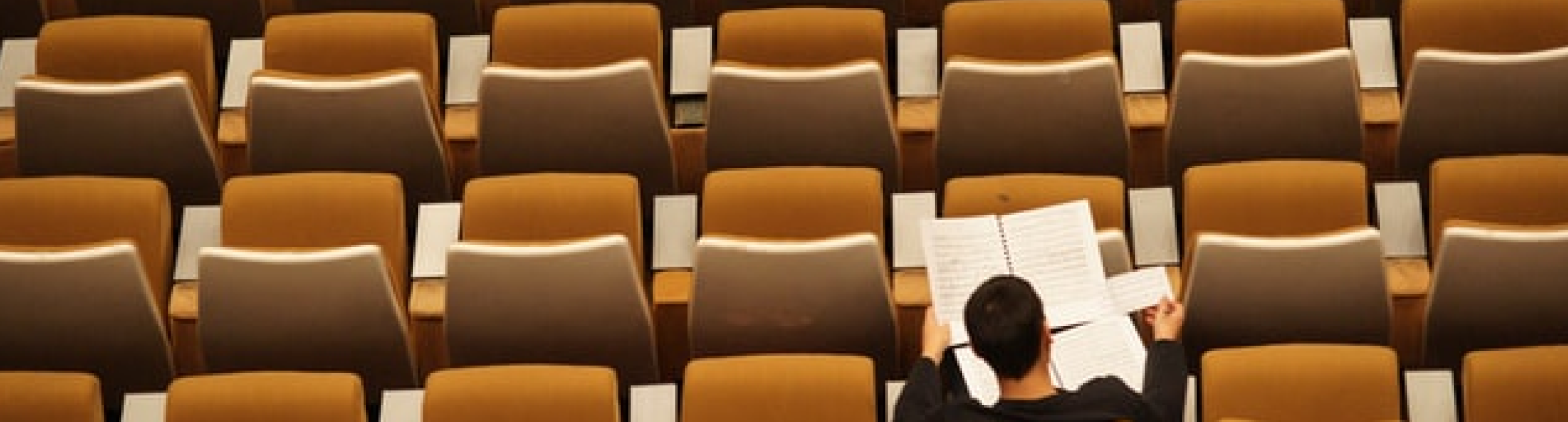 One person seated in a class hall studying