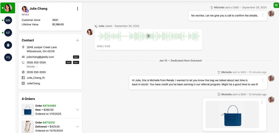 Interface showing customer profile for Julie Chang, with contact info, order history, and interactions. Includes audio message and bag image. Text messages from Michelle indicate conversation about product restock and referral credit.