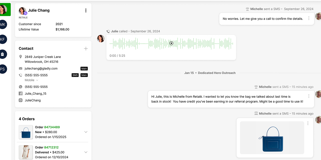 Interface showing customer profile for Julie Chang, with contact info, order history, and interactions. Includes audio message and bag image. Text messages from Michelle indicate conversation about product restock and referral credit.