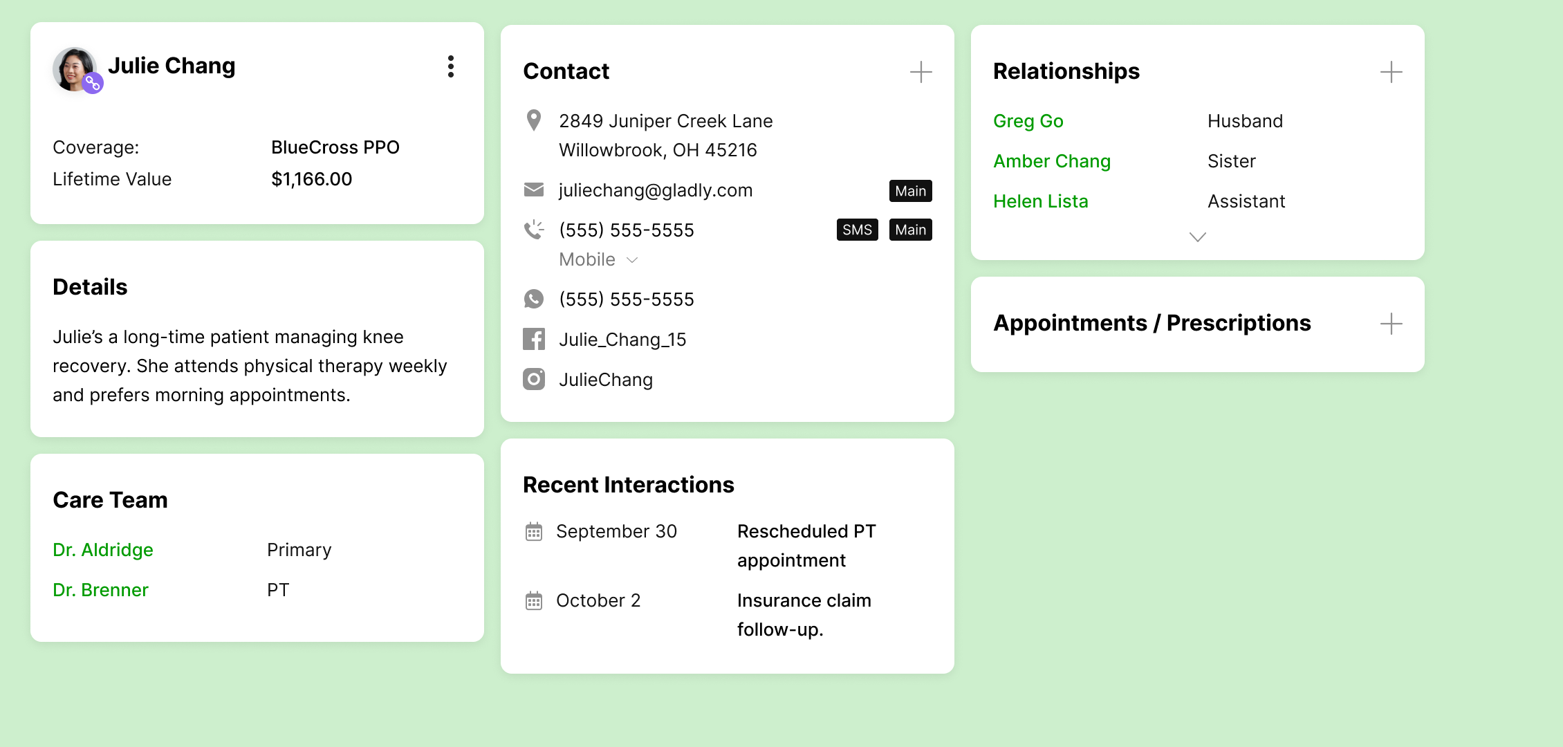 Profile summary for Julie Chang, showing insurance details, contact info, care team, recent interactions, and relationships. Gentle pastel green background.