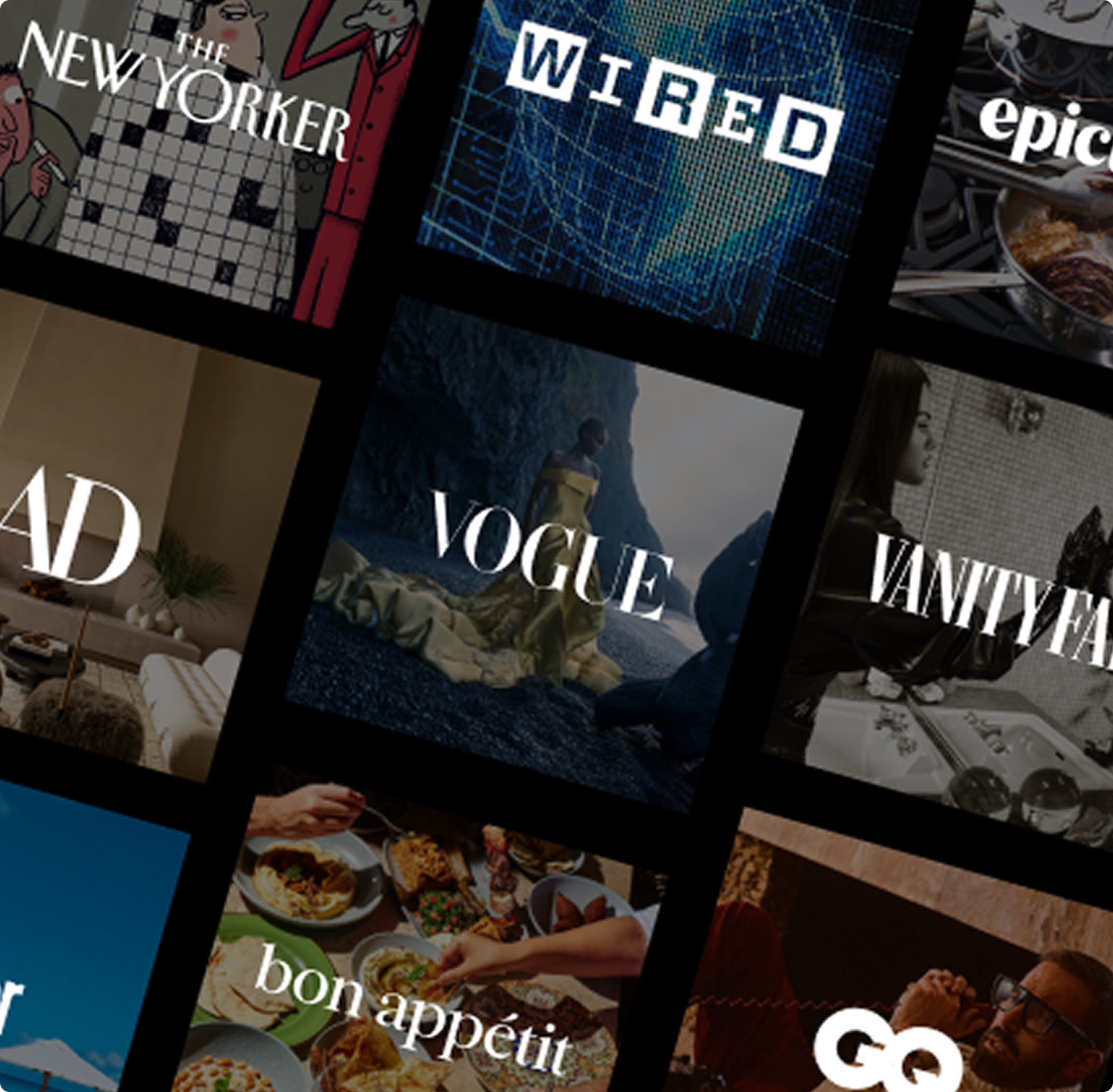 A grid of nine magazine logos, including The New Yorker, Wired, Epicurious, AD, Vogue, Vanity Fair, Conde Nast Traveler, Bon Appétit, and GQ.