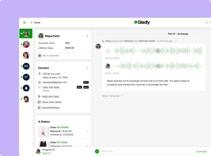 Customer service dashboard with user chat interface. Left panel shows customer details and order history. Main area displays audio message exchange. Clean, organized design on a purple background.