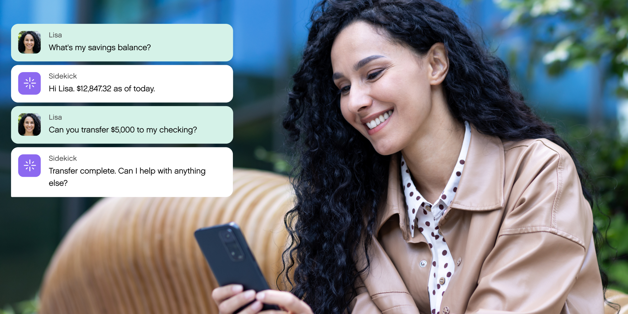 A woman with curly hair smiles while using her smartphone outdoors. On-screen messages show a chatbot assisting her with banking tasks. The tone is friendly.