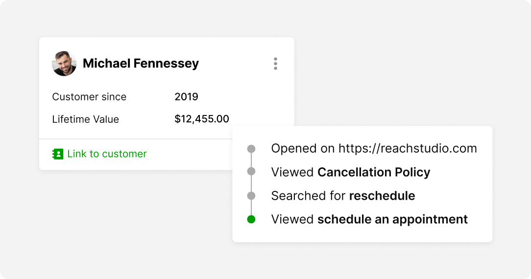 User profile card of a customer since 2019 with $12,455 lifetime value, linked to customer. Activity log shows recent web activity related to scheduling.