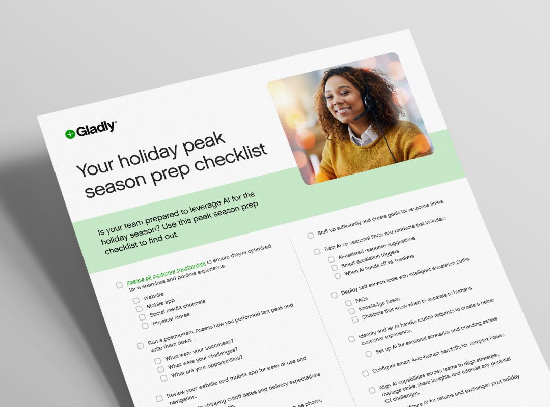 A document titled 'Your holiday peak season prep checklist' from Gladly, featuring a smiling woman wearing a headset in the top right. The page includes several bulleted tasks related to optimizing customer touchpoints and preparing for holiday demand. The tone is professional and informative.