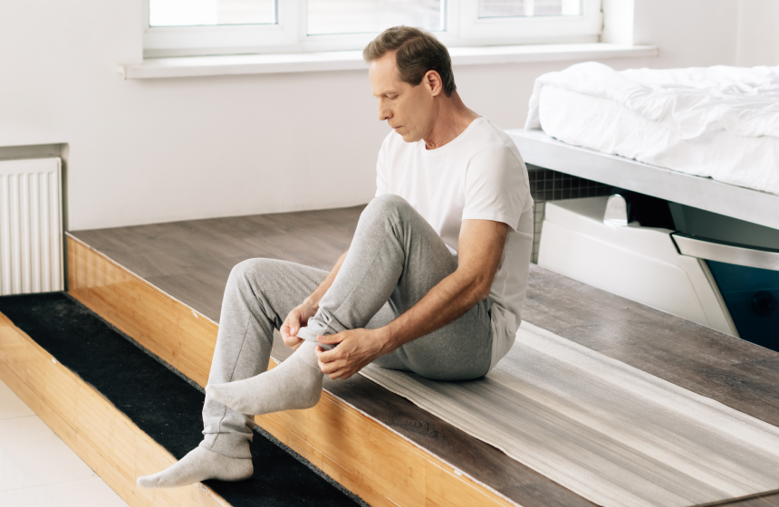 A model wearing Bombas branded socks