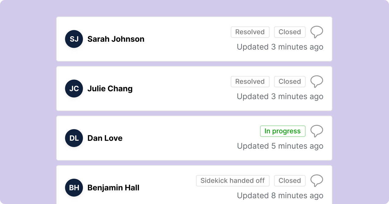 Four horizontal task cards display user initials, names, statuses, and update times on a light purple background. Mixed states: "Resolved," "Closed," "In progress."