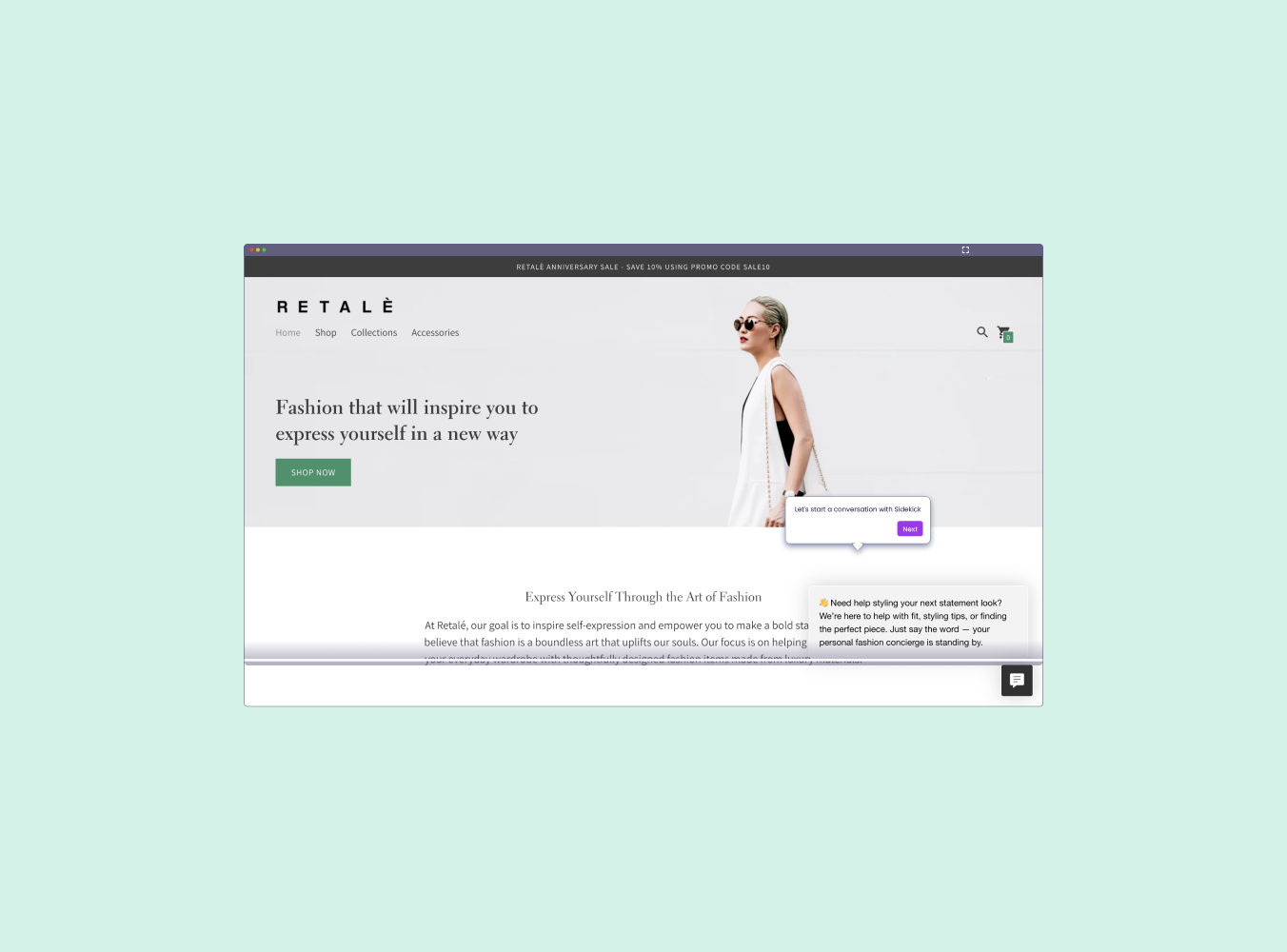Website homepage for Retale featuring a stylish woman in sunglasses and a white dress. Headline reads, 'Fashion that will inspire you to express yourself in a new way.' A chat prompt offers styling help. Calm and modern tone.