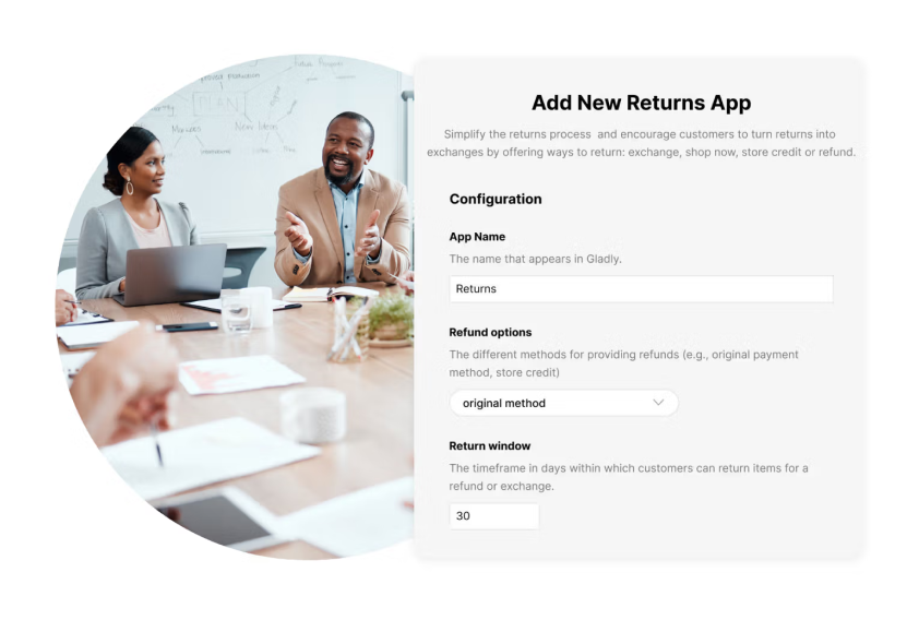 A diverse team in a meeting room discusses an app's configuration on a screen. Emphasizes collaboration, focus, and tech development.