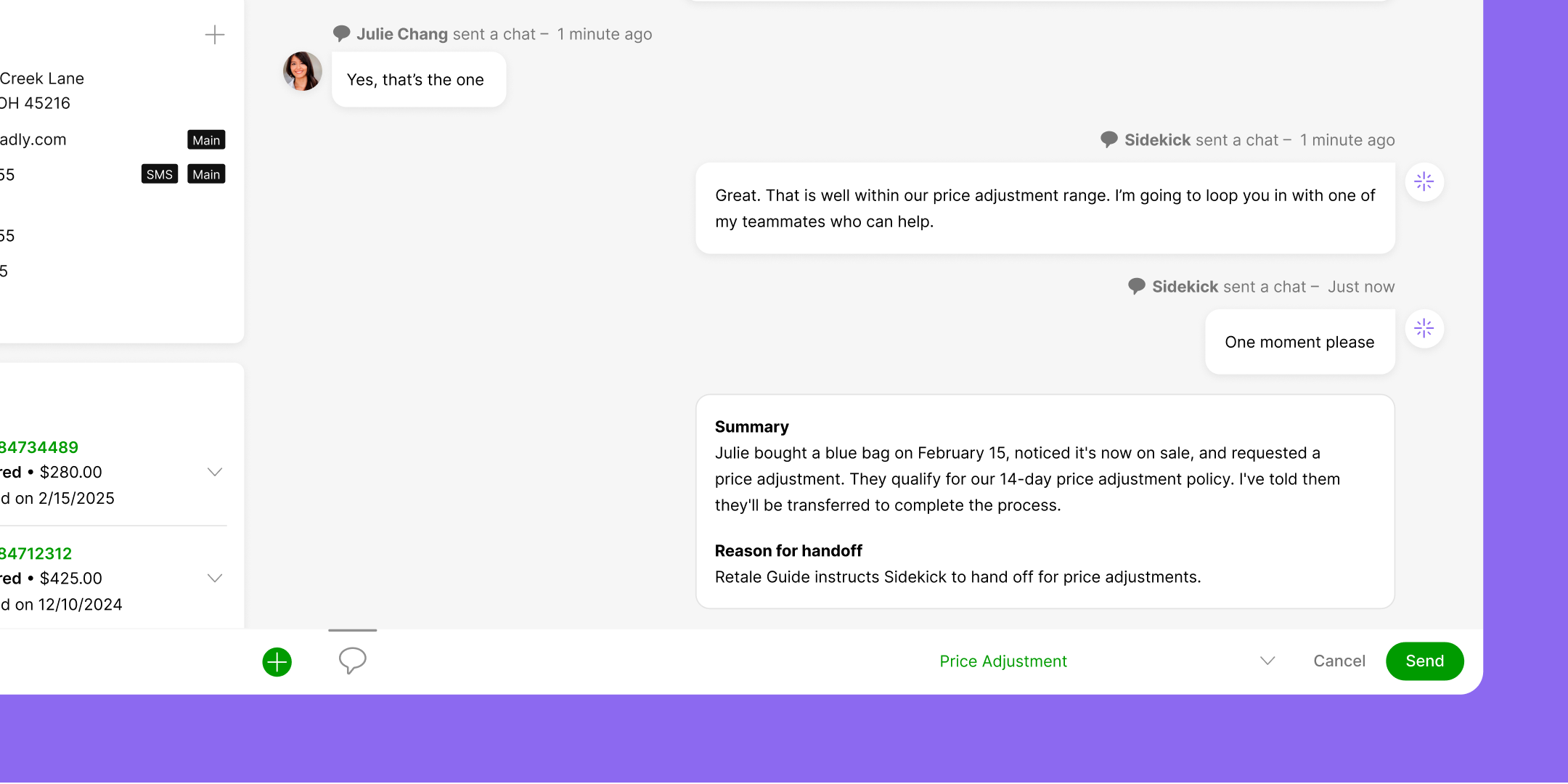 Chat interface showing a conversation about a price adjustment for a blue bag. Summary notes detail a request and handoff instructions. Interface elements include user avatars and message timestamps in a clean layout with a purple accent.