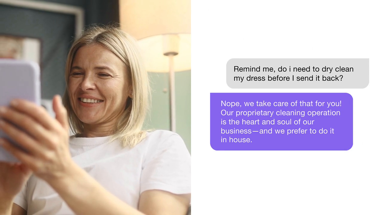 A woman smiles while looking at her phone. Beside her, text bubbles show a conversation: "Do I need to dry clean my dress?" The reply reassures her it's handled. The scene conveys convenience and satisfaction.