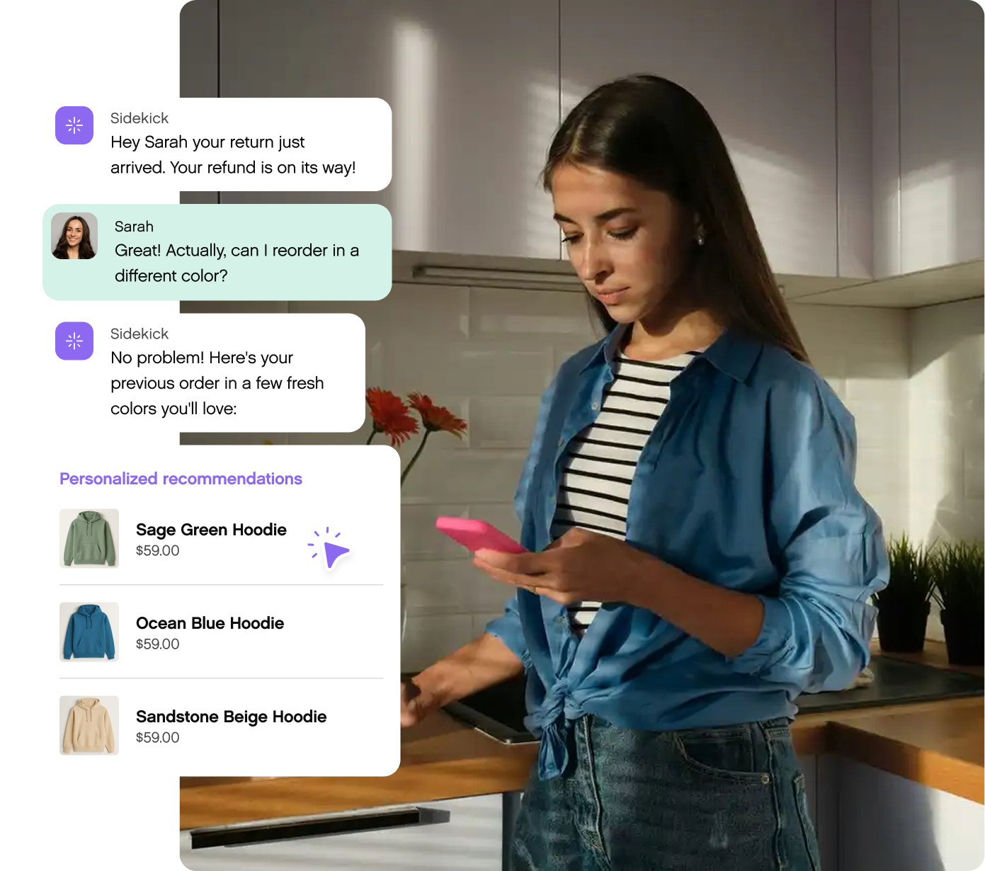 A woman stands in a kitchen, focused on her smartphone. Chat messages display a refund update and hoodie recommendations, conveying convenience.