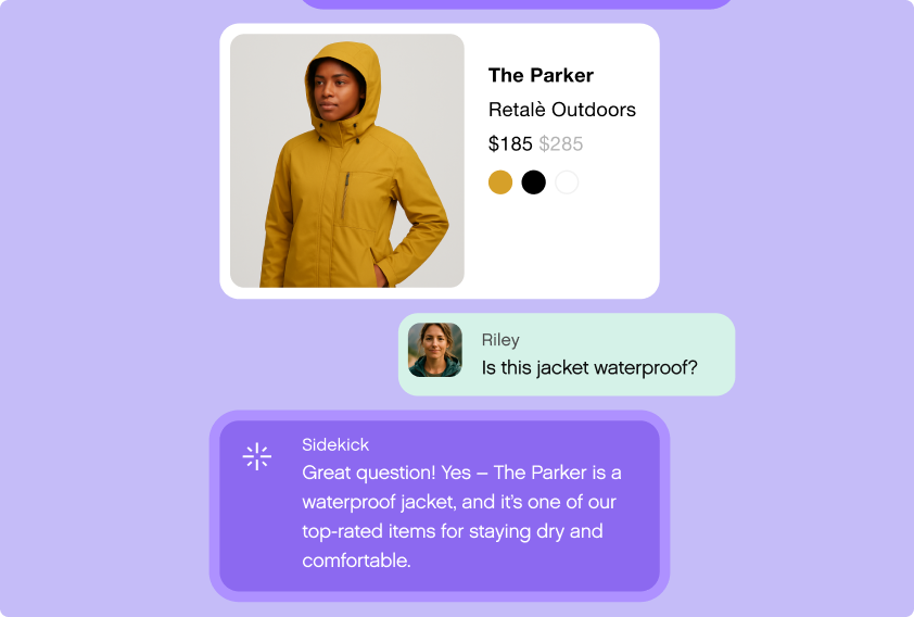 A person wears a yellow jacket labeled "The Parker" from Retalè Outdoors for $185. Below, a chat confirms it's waterproof and highly rated.