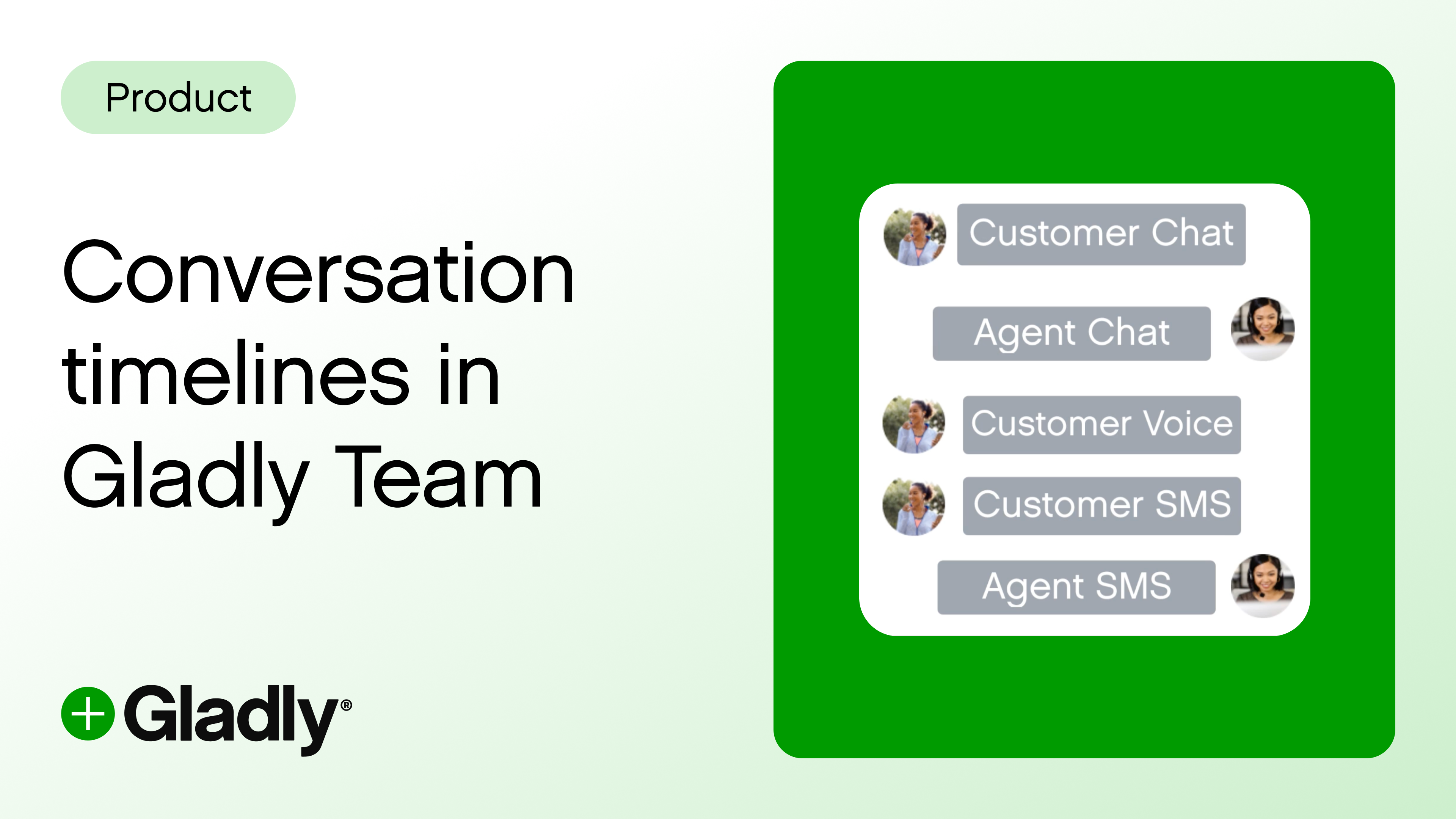 Image promoting Gladly's 'Conversation Timeline' product. Features a chat interface showing customer and agent interactions. Green and white color scheme.
