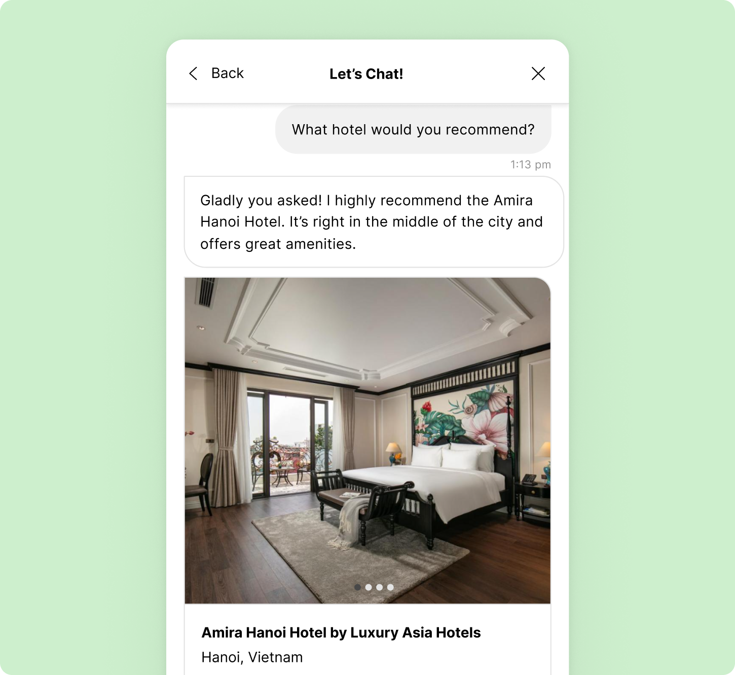 Chat interface showing a hotel recommendation for Amira Hanoi Hotel, with an image of a stylish room featuring a large bed, elegant decor, and a mural.