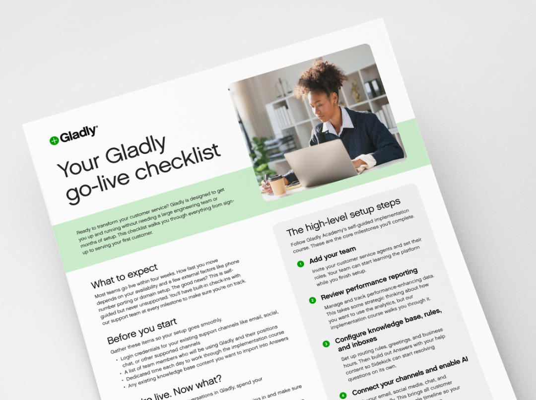 "Document titled 'Your Gladly go-live checklist' with a photo of a person working on a laptop. Contains setup steps and advice for customer service."