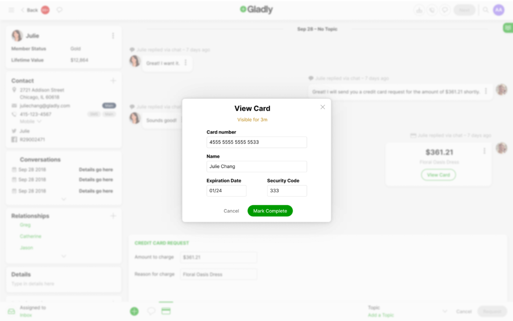 View Card popup window in Gladly software
