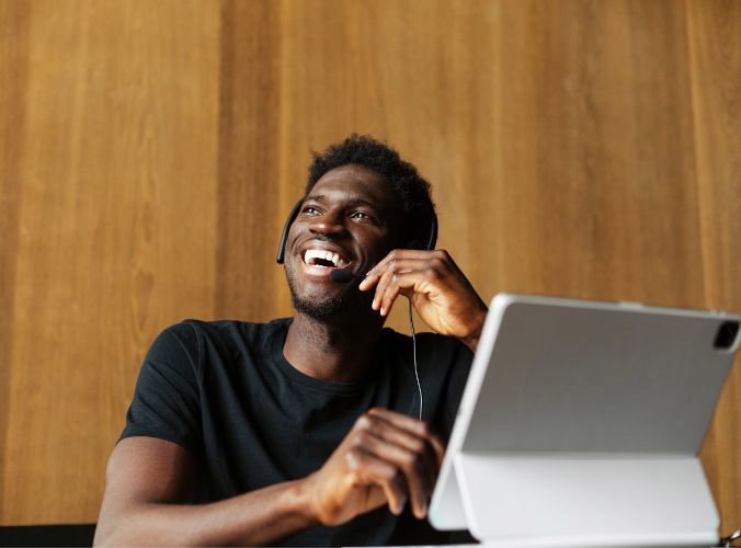 Smiling customer service rep talking on the phone