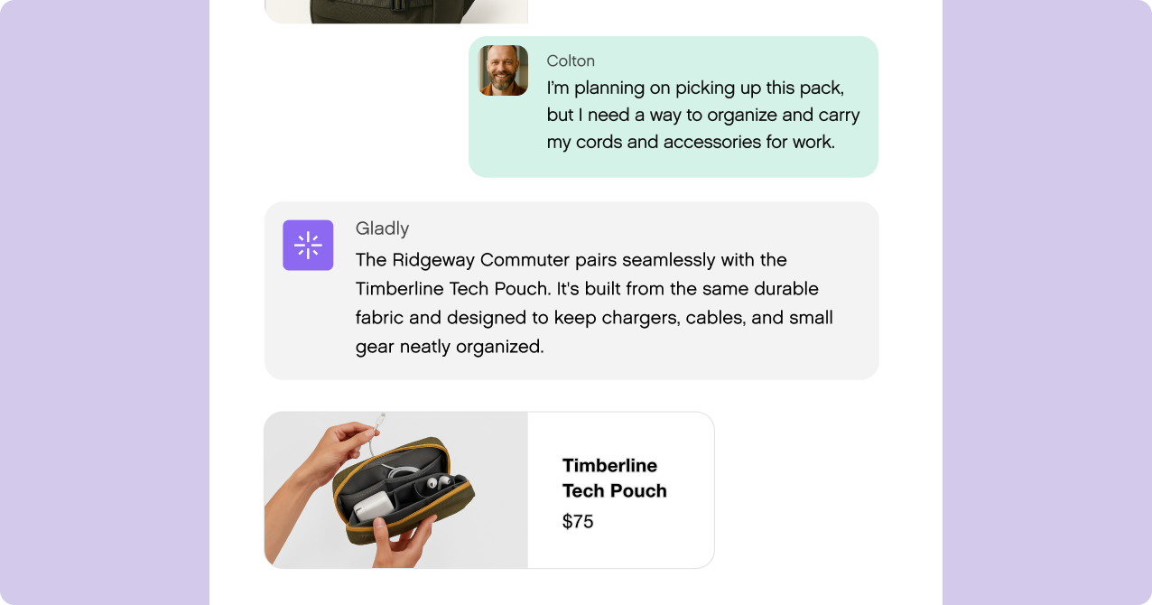 A chat conversation about organizing cords with a product suggestion popup for a Timberline Tech Pouch, shown in olive, priced at $75.