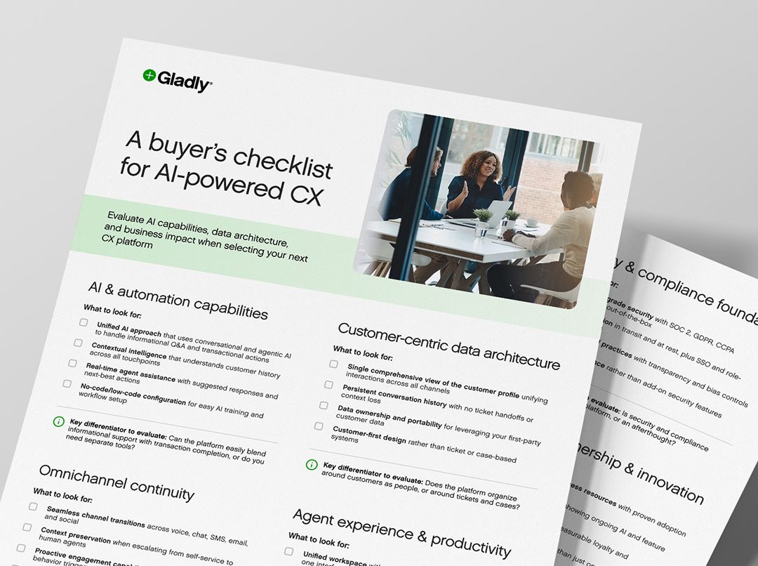 Document titled 'A buyer’s checklist for outcomes-based pricing' by Gladly, with a photo of three people discussing around a table. Includes sections on AI capabilities and customer-centric data architecture. Professional and informative tone.