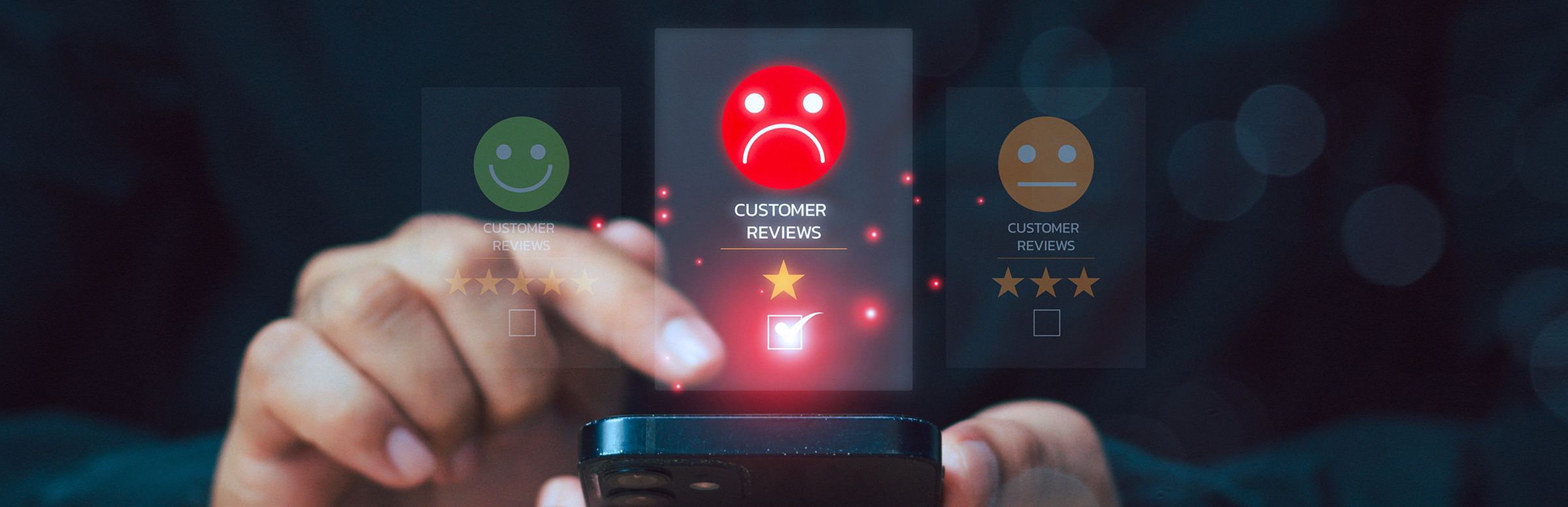 Hands holding phone leaving poor customer review