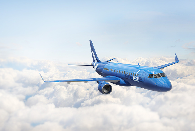 A blue airplane with "breeze" branding flies above fluffy white clouds under a clear blue sky, conveying a sense of calm and freedom.