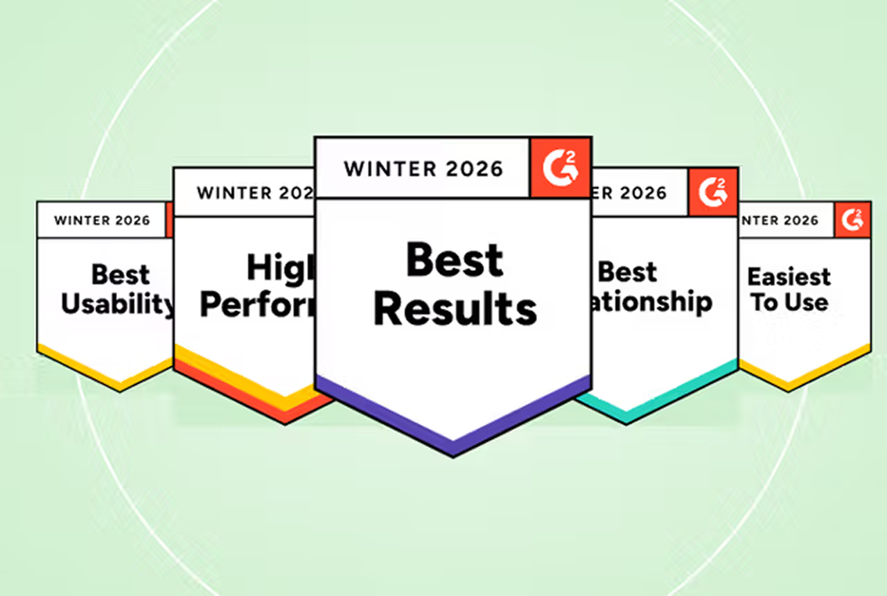 Five award badges on a black background with concentric circles, labeled "Winter 2026." Center badge reads "Best Results," surrounded by others like "Best Usability."