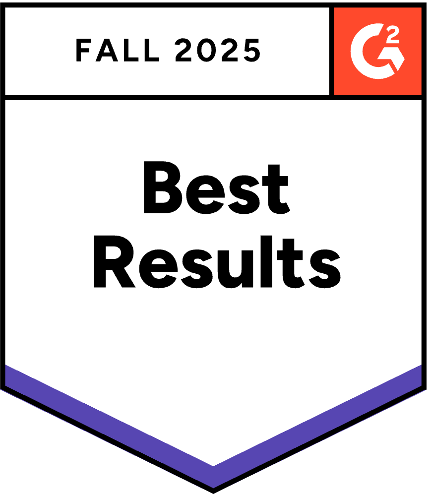 Badge image displaying "Best Results" for Fall 2025, featuring a red G2 logo in the top right corner. The design is clean and professional.