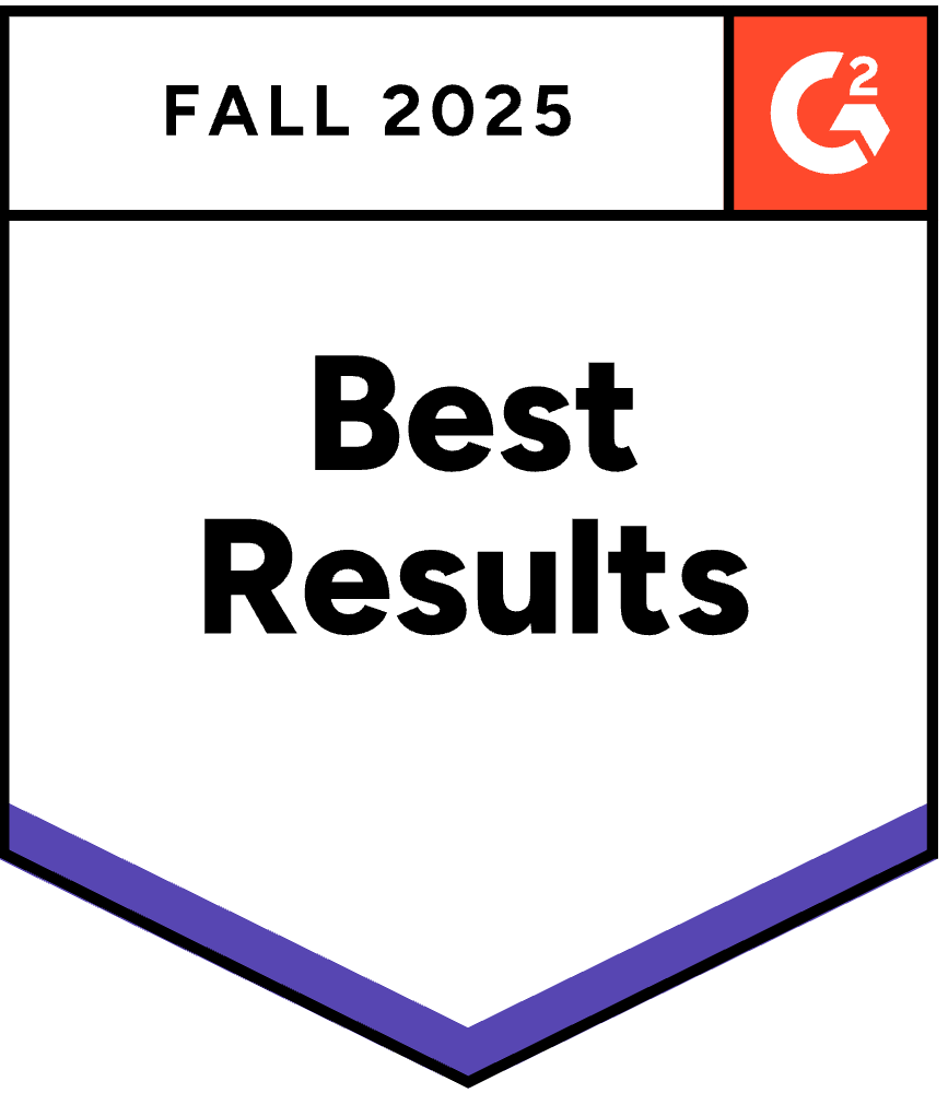 Badge image displaying "Best Results" for Fall 2025, featuring a red G2 logo in the top right corner. The design is clean and professional.