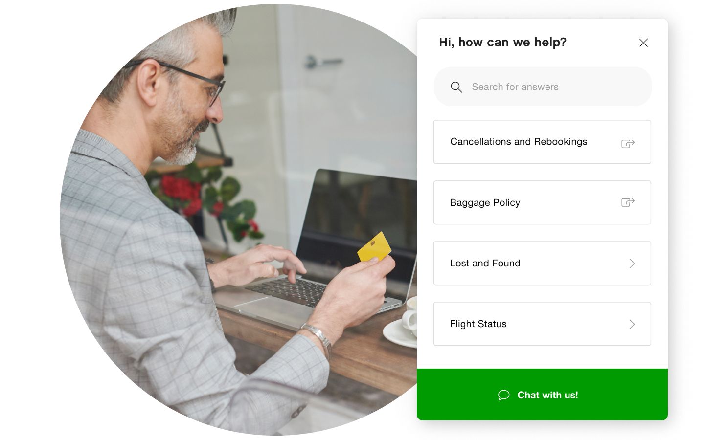 A man and woman seated at a table, focused on a laptop surrounded by a green circle that reads 50% improvement