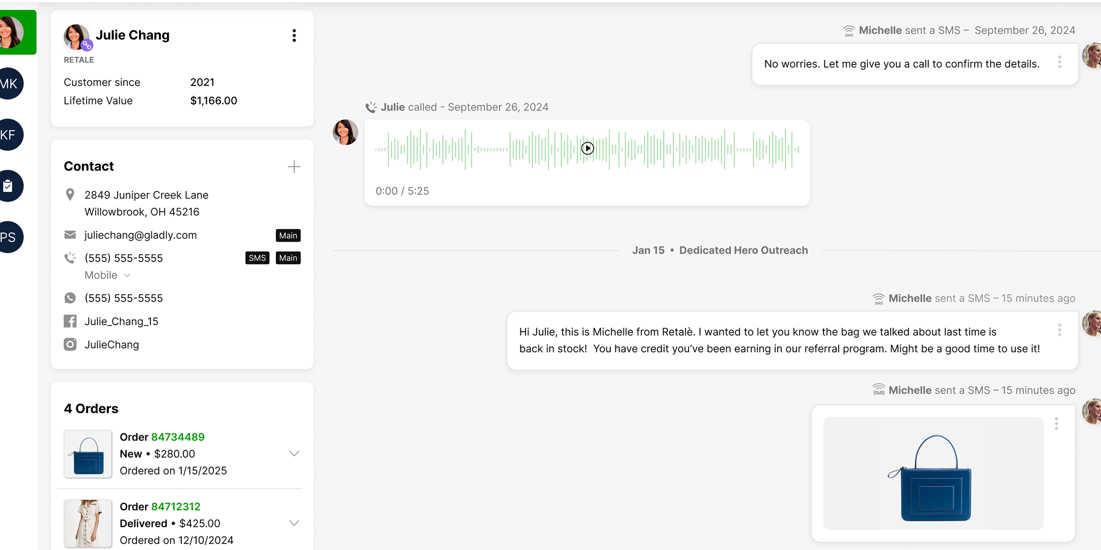 Customer dashboard for Julie Chang from a retail company, featuring contact details, recent messages, a voicemail indicator, and order history, including a handbag image. Messages convey a friendly, helpful tone.