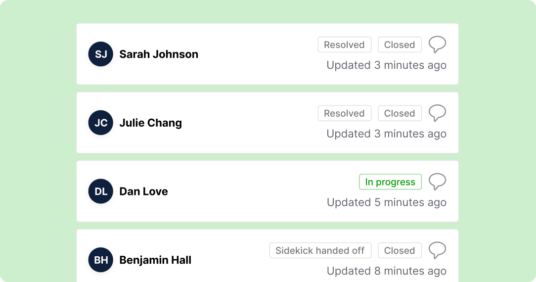 A task list on a light green background shows four entries with names, task statuses like "Resolved" and "In progress," and update times, indicating project workflow.
