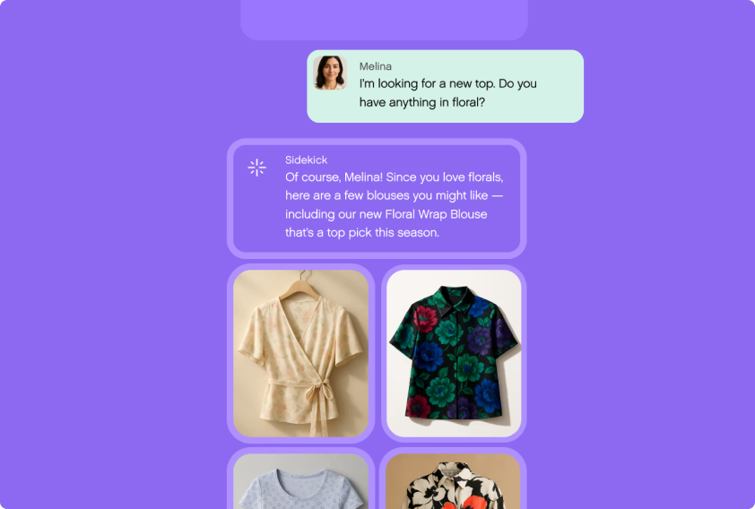 Chat interface showing a user asking for floral tops. An assistant suggests options, displaying images of two floral blouses on a purple background.