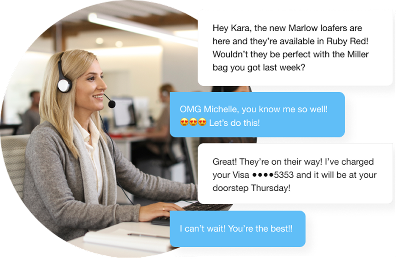 A woman with a headset smiles at a computer screen in an office. Chat bubbles show a friendly conversation about buying shoes, conveying excitement.